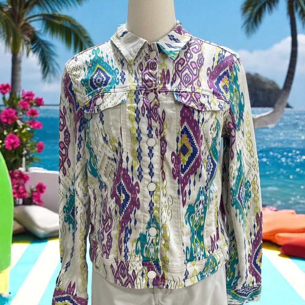 Petite Boho Denim Jacket Ikat Print Button‎ Front Multicolor Casual Medium